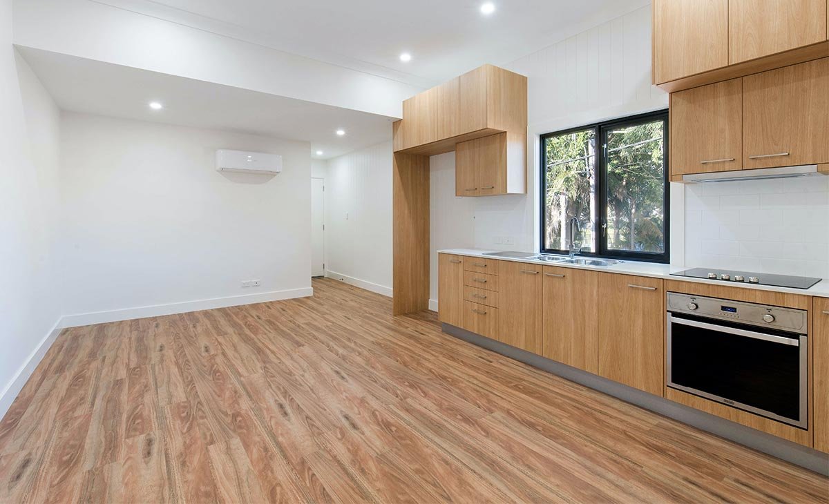 Illustrative renovated residential kitchen and living space
